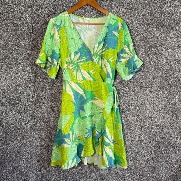 En Creme Dresses & Skirts - En Creme Tropical Palm Wrap Dress Green Blue Linen Large Mini Wedding Guest